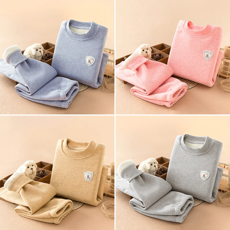 Conjunto de pijama de franela para ni&ntilde;os y ni&ntilde;as, ropa interior t&eacute;rmica a rayas, c&aacute;lida para beb&eacute;, pijamas de lana, Invierno-3