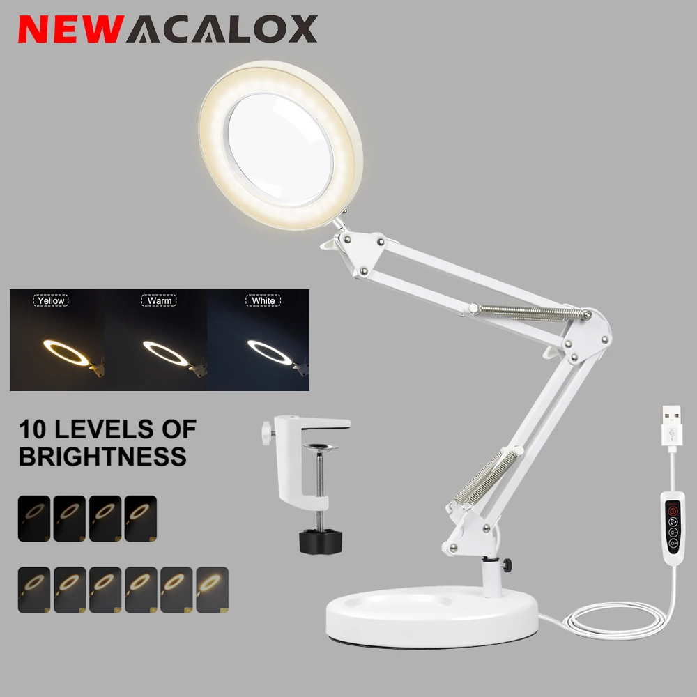 

NEWACALOX Heavy Round Base USB 5X Magnifier with LED Light Third Hand Soldering Tool Reading Magnifying Glass 8W Table Lamp