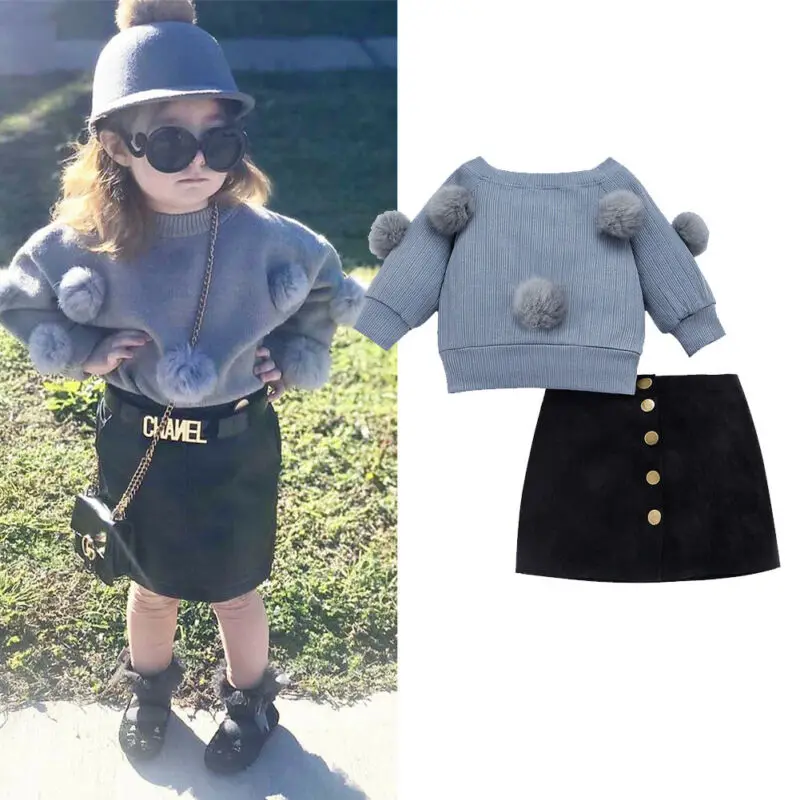 

Для малышей и детей постарше девочек осень-зима трикотажные топы Pom с длинным рукавом Футболка с пуговицами + мини-юбка, комплект теплой одежды