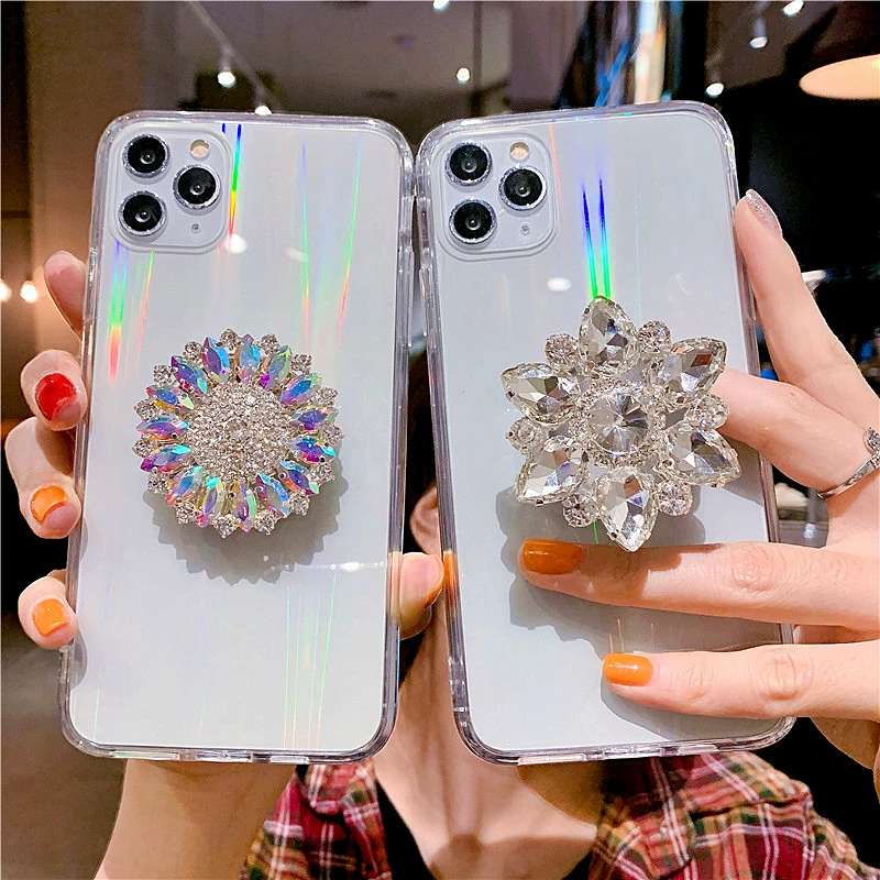 

3D Glitter Laser Transparent Diamond Holder Phone Case For iphone 12Pro MAX 11Pro XS MAX XR X 7 8 Plus Crystal Stand Bling Cover