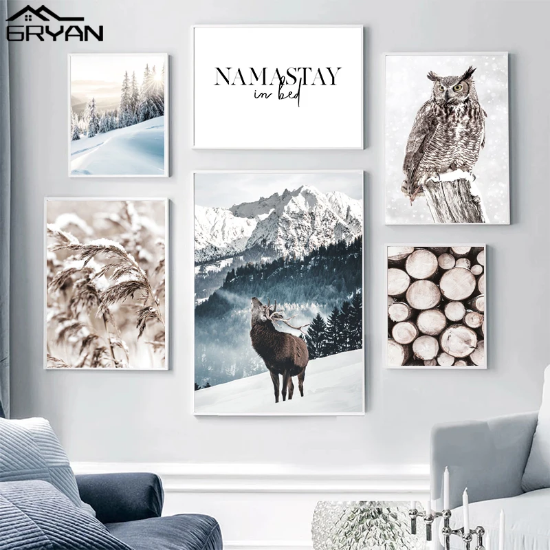 Снежные Рид Сова горный плакат с озером зимний рисунок оленя на холсте принты