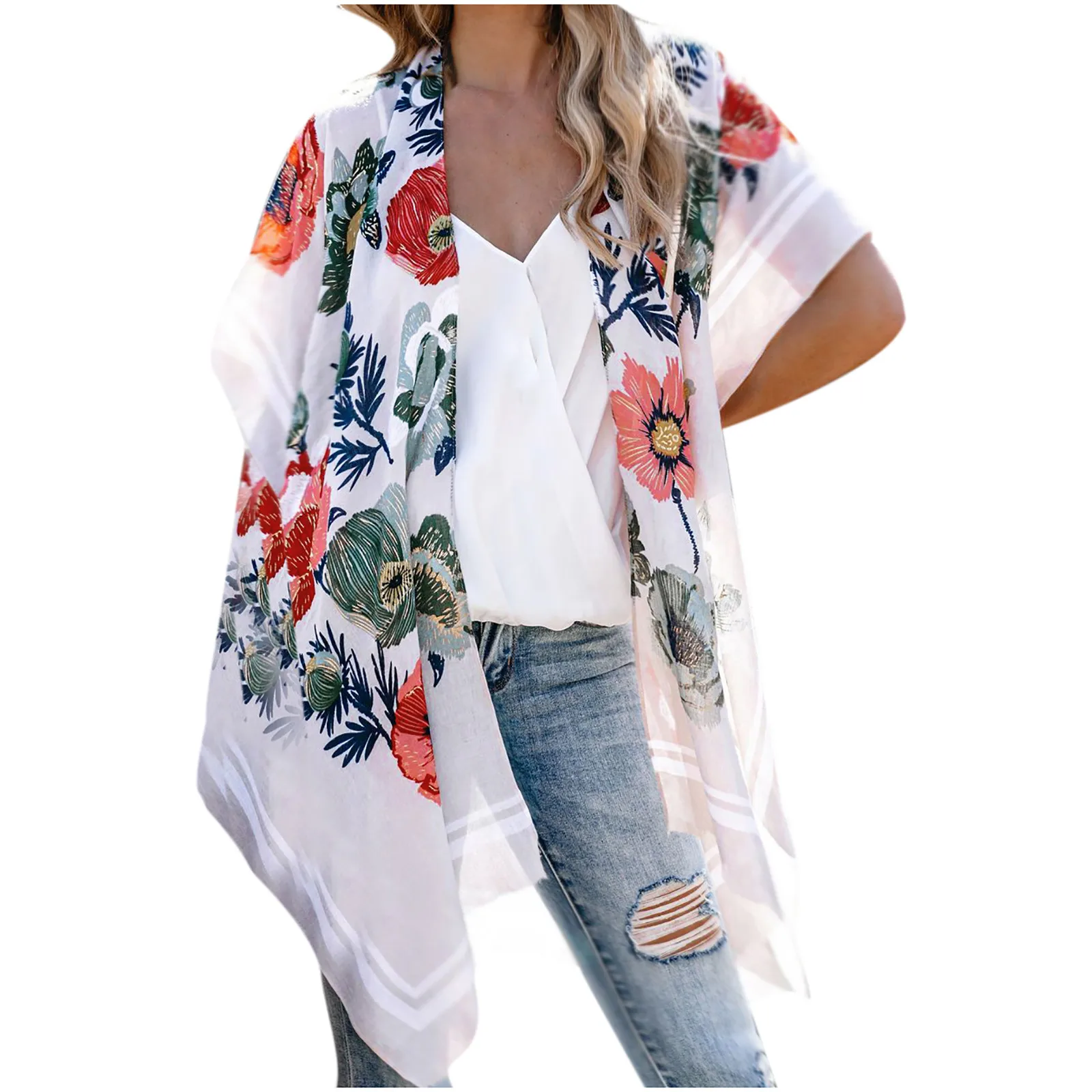 Ladies Chiffon Kimono Cardigan Shirt Flower Print Beach Long Top Shawl Loose Jacket Пляжная | Женская одежда