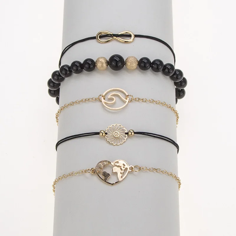 5 шт./компл. винтажные черные бусины веревка Набор браслетов полый цветок
