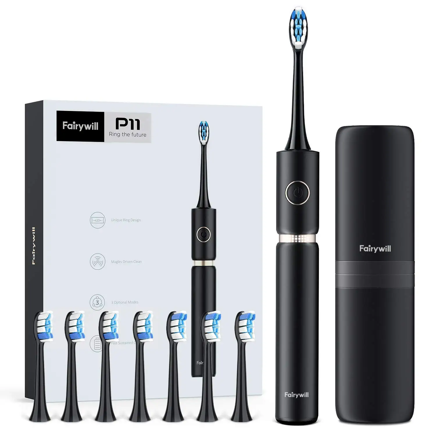 Fairywill Sonic Electric Toothbrush P11 Plus Waterproof Cleaning Fast Charging Smart Timer with 8 Replacement Heads Travel Case