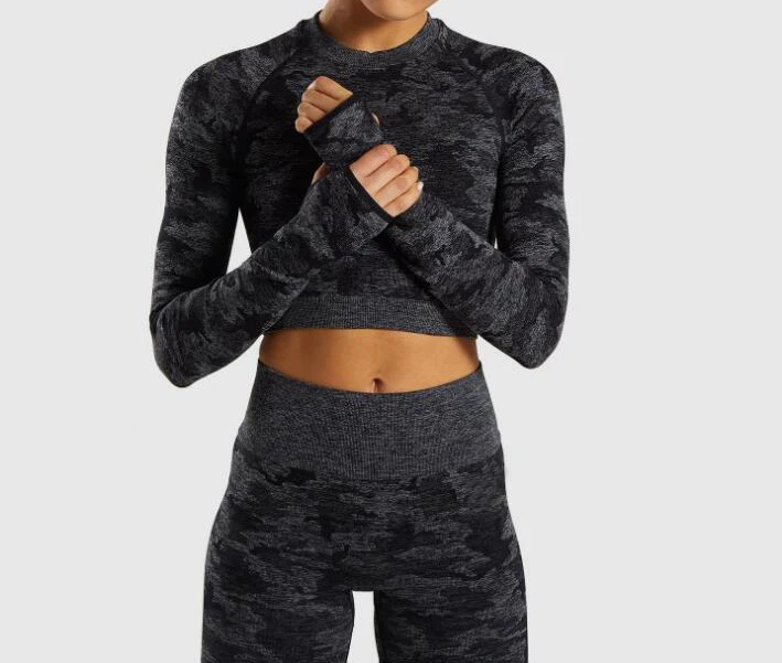 Женские Бесшовные топы для тренажерного зала рубашки фитнеса камуфляжная одежда