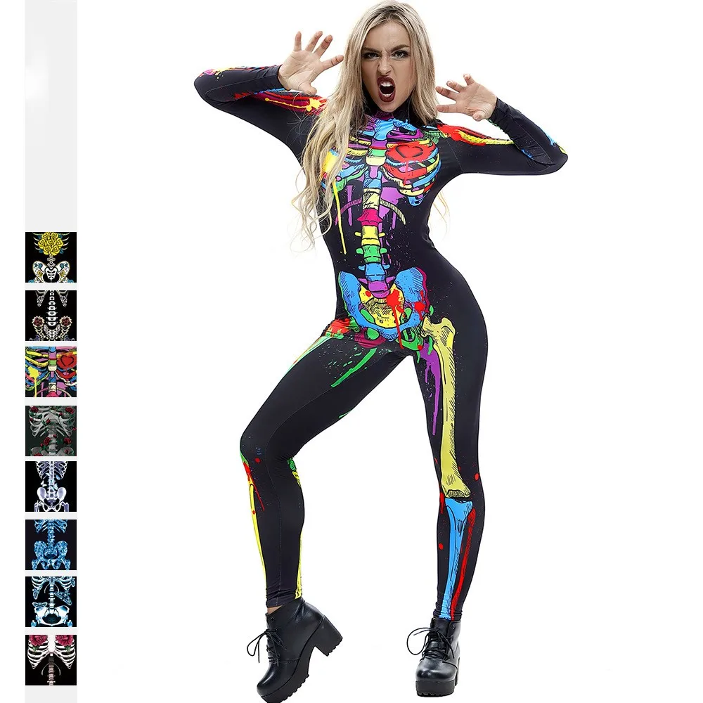 

2021 Halloween European And American Women's Jumpsuit Fashion Classic Creative Cosplay Skull Skeleton Print Skinny Jumpsuit