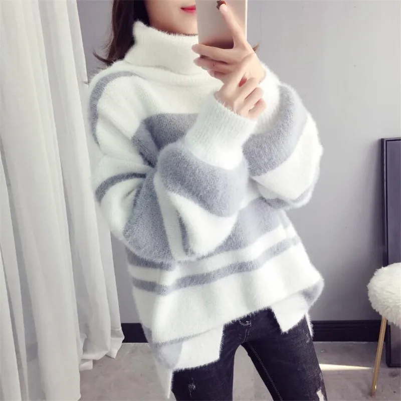 Свитер женский с высоким воротом в полоску длинным рукавом капюшоном имитацией