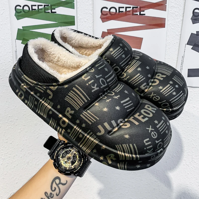 Brand Winter Warm Cotton Slippers Men's Home Shoes Simple Non-Slip Indoor and Outdoor Trend Bread Slippers Waterproof Sandals