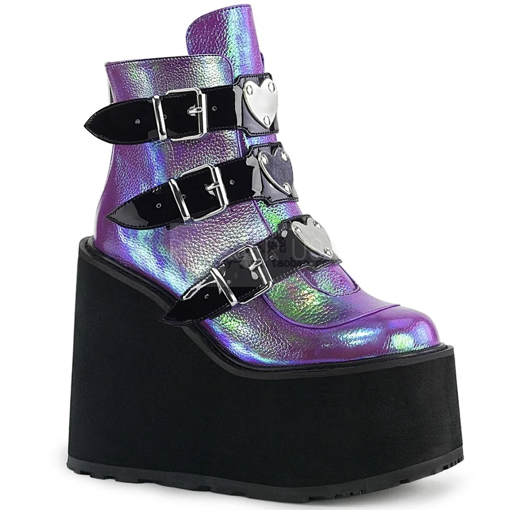 

OLOMLB US4-11 Womens Platform Gothic Belt Buckle Punk Dazzling Colors Ankle Boots Shoes Japanese Harajuku Round Toe Plus Size