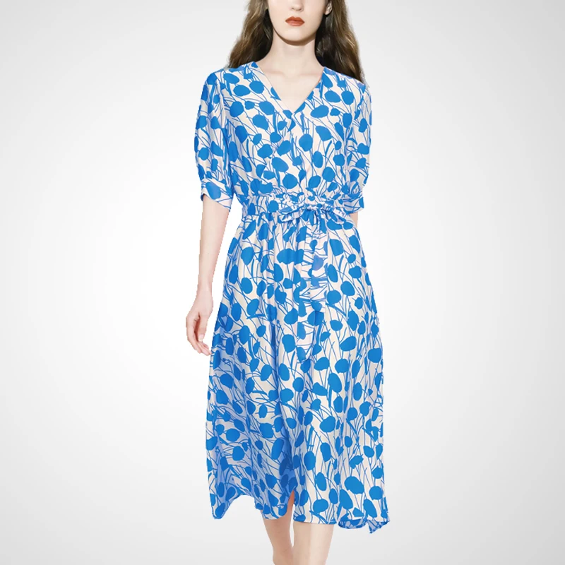 

Summer New Dress Lady V-neck Printing Dress Female Loose Long Temperament Show Slim A-Line Dress Shrinking Dress