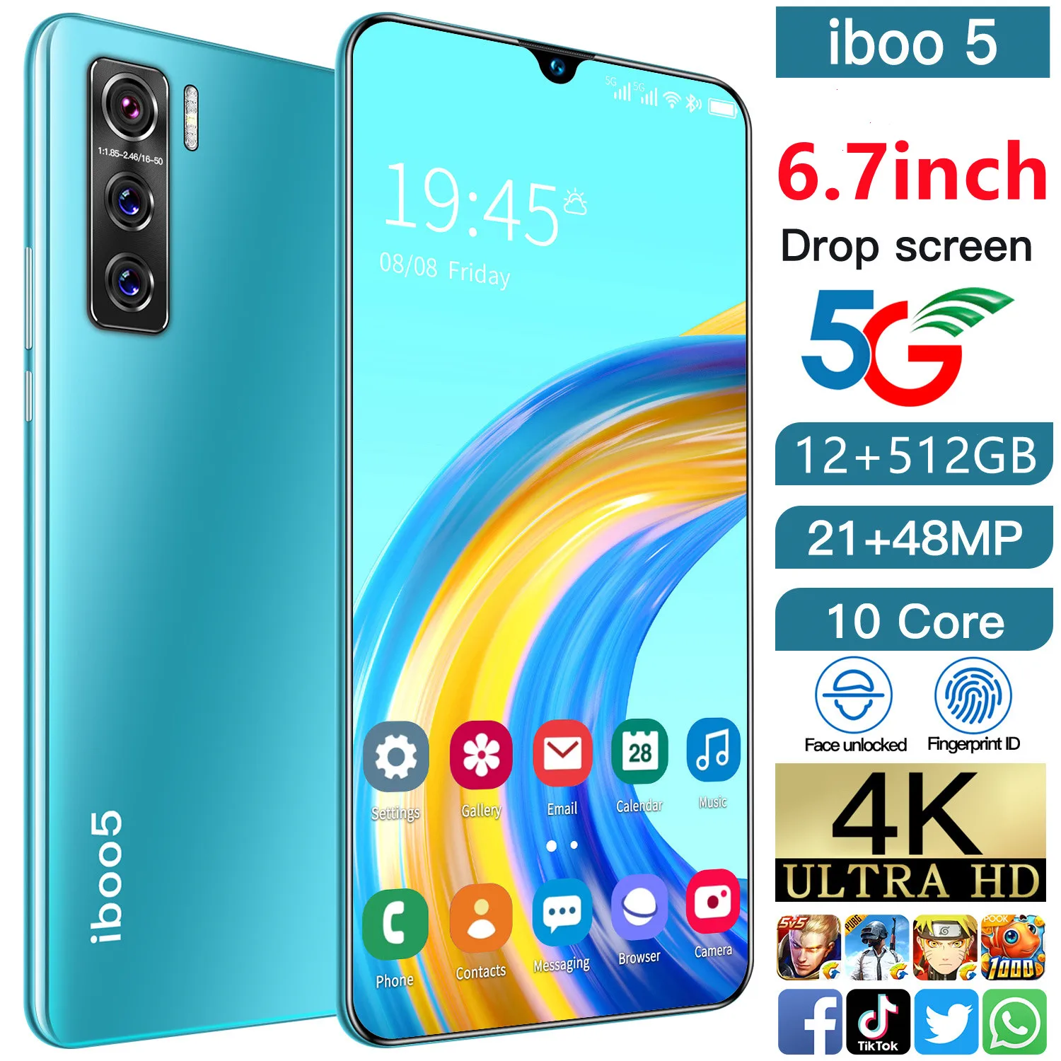 Iboo 5-teléfono inteligente desbloqueado, versión Global, 12GB RAM, 2021 GB ROM, 512 pulgadas, camer