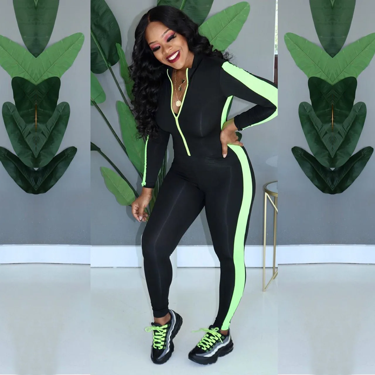 

Women Jumpsuit Neon Striped Sexy Bandage Overalls Long Sleeve Zipper Bodycon Bodysuits Plus Size Skinny One Piece