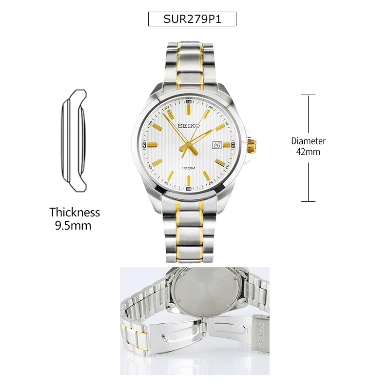 SEIKO Официальный продукт часы Мужские Простые кварцевые часы бизнес тренд мужские часы водонепроницаемые мужские наручные часы - Цвет: SUR279P1 gold