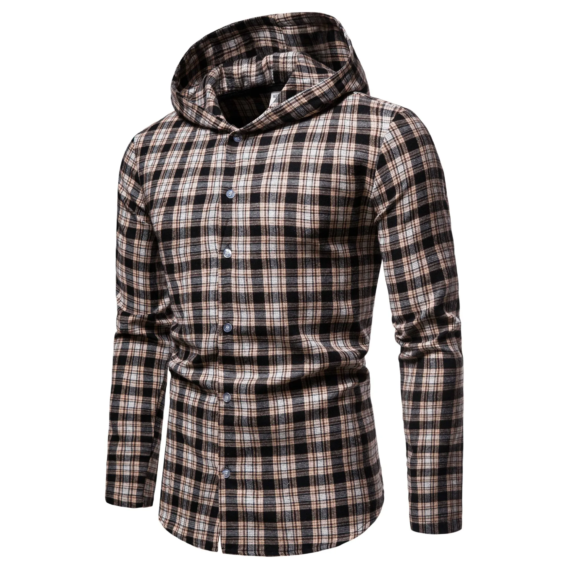 

High Quality Men Fashion Slim Fit Plaid Hooded Long Sleeve Shirt