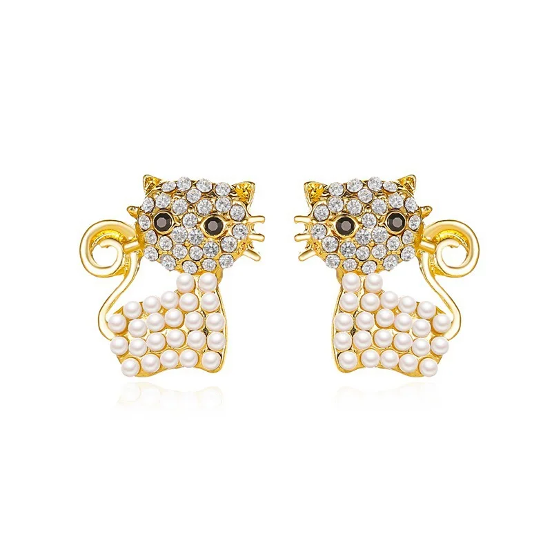 

New Korean Fashion Kitty Crystal Stud Earrings For Women Sweet Cute Pearl Gold Color Kitten Earring 2021 Trend Wedding Jewelry