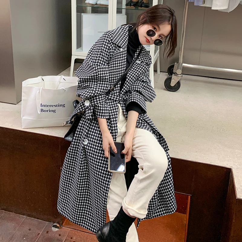 

Unua amo Spring Long Coat Women Fashion Houndstooth Trench 2021 Casual Loose Double-breasted Women's Windbreaker With Belt