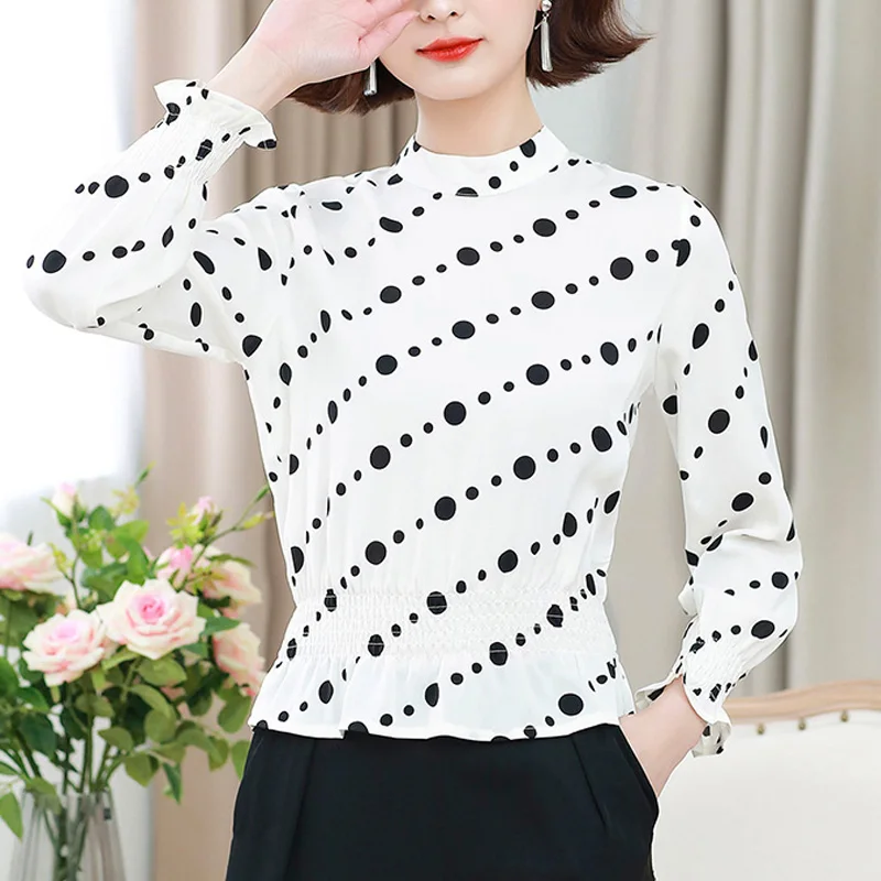

Female Shirts Ladies Tops Polka Dot Chiffon Shirt Women Blouses 2021 New Stand Collar Long Sleeve Pullovers Bottom Shirt 6890 50
