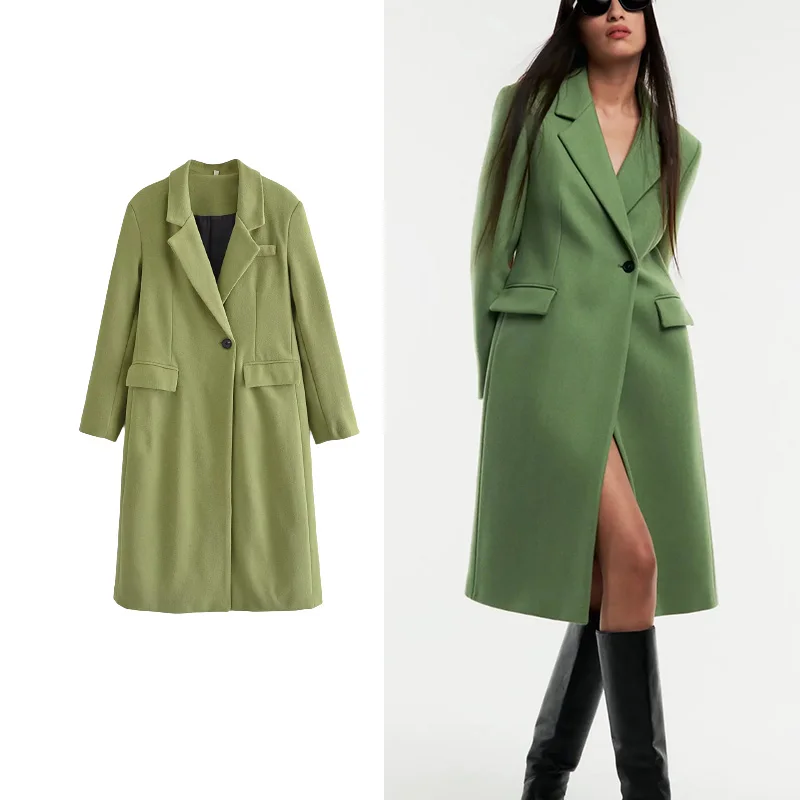 

TRAF 2021 Overcoat Women Fashion Slim Pure Color Coat Woolen Cloth Long Sleeve Female Casual Outerwear