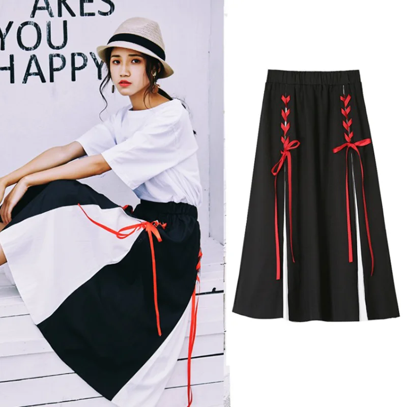 

Estceque Summer Women Skirt High Waist Long Skirt Lace-up Patchwork Chinese Style Vintage Summer Mini Skirts Female