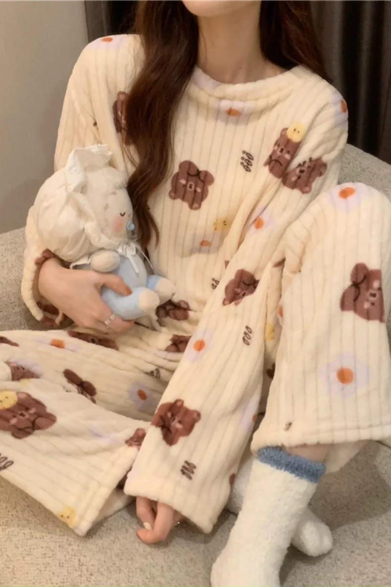 Little Bear Coral Velvet Pajama Set Female Autumn Winter 2021 Loose Comfortable Long Sleeved Home Clothes Two Piece Rac | Женская одежда