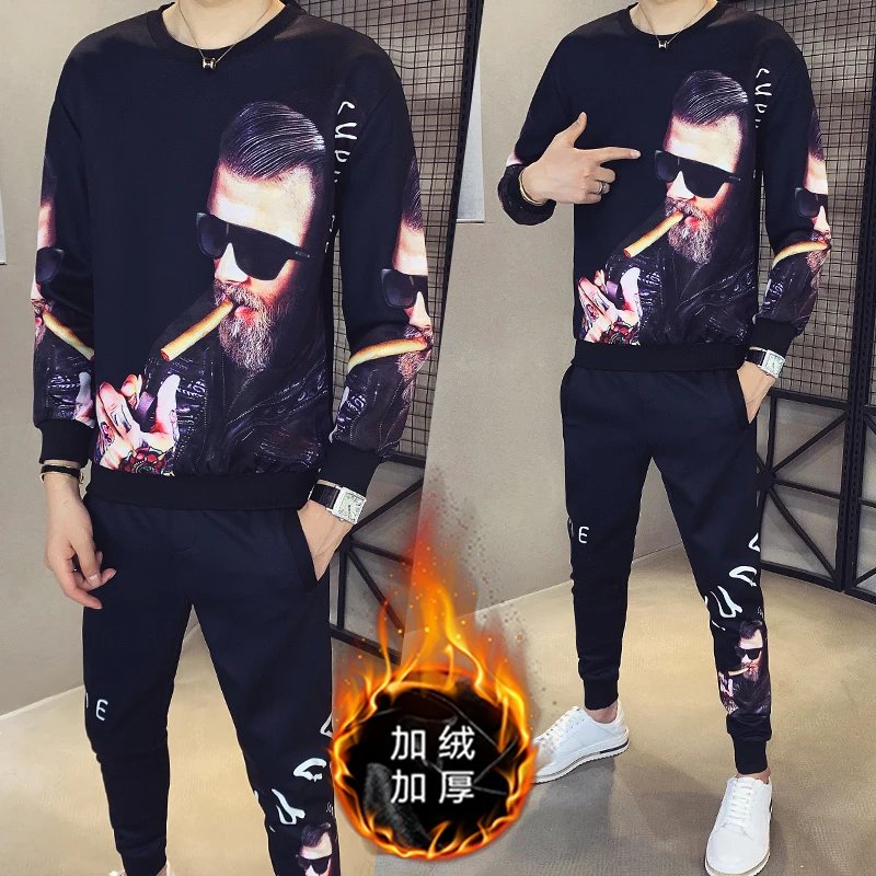 

2 2021 Winter Piece Set Tracksuit Men Sweater Suits Velvet Thick Casual Streetwear O-Neck Sweatshirt Pants Ropa Deportiva Mujer