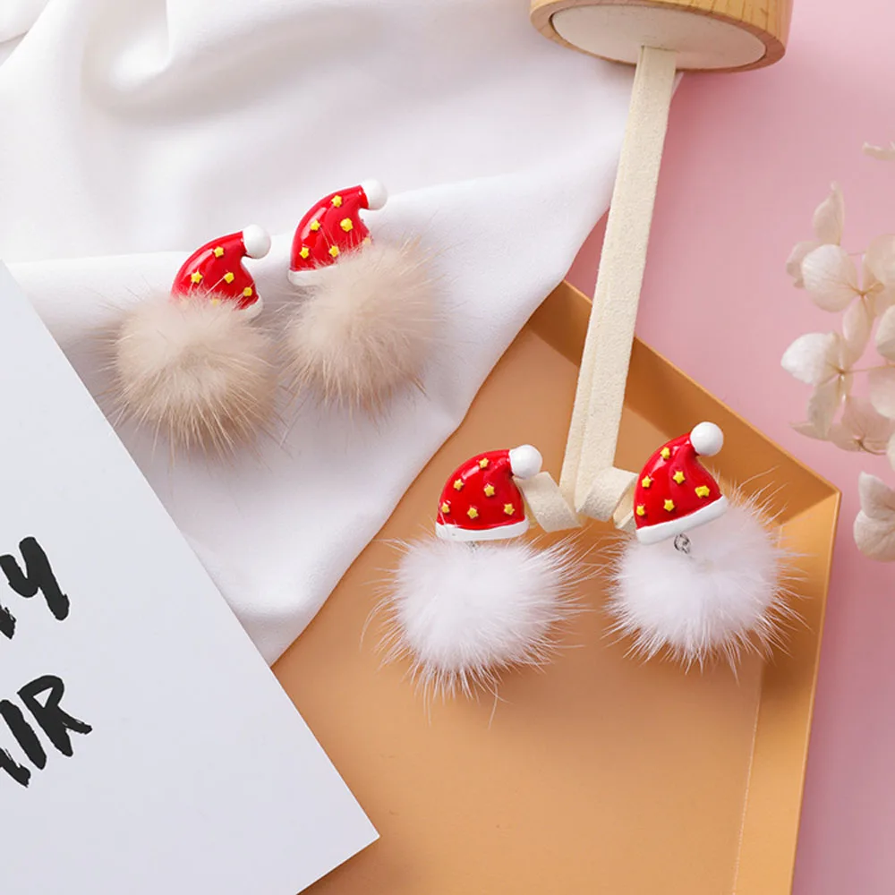 Рождество Новый год волосы мяч серьги Снеговик Рождественская красная шляпа