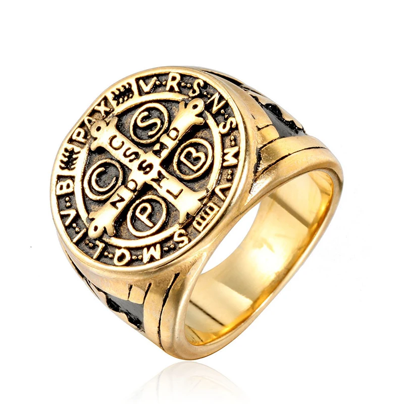 

Vintage Saint Benedict CSPB Cross Ring Stainless Steel Men's Hip Hop Punk Jewelry Accessories Gift Wholesale