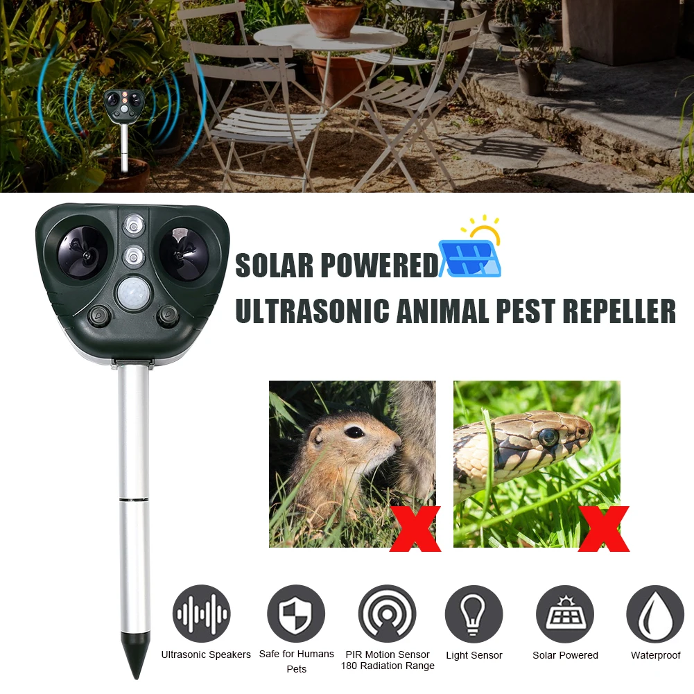 

Animal Repeller New Repellent Solar Ultrasonic PIR Sensor Outdoor Garden Pest Mouse Bird Cat Dog Bat Repellent Keep Animals Away