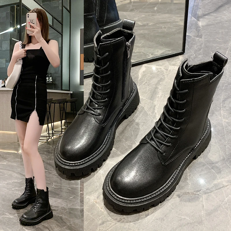 

Женские ботильоны на платформе, черные боевые ботинки на шнуровке с пряжкой и ремешком, байкерские зимние ботинки, 2021