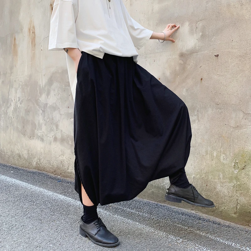 

Harajuku Male Black Big Crotch Cross-pants Streetwear Mens Pants Harem Trouser Dance Split Skirt Hiphop Baggy Wide Legs