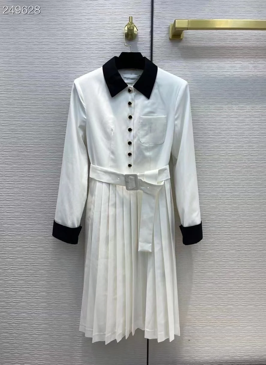 

Fyion 2021 Autumn Fashion Runway Vintage Midi Dress Women Long Sleeve Patchwork Pleated Belted White Dress