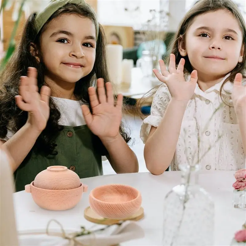 

1 Set Casserole Bowl Toy Wood Smooth Unpainted Tableware Toy Role Play Toy