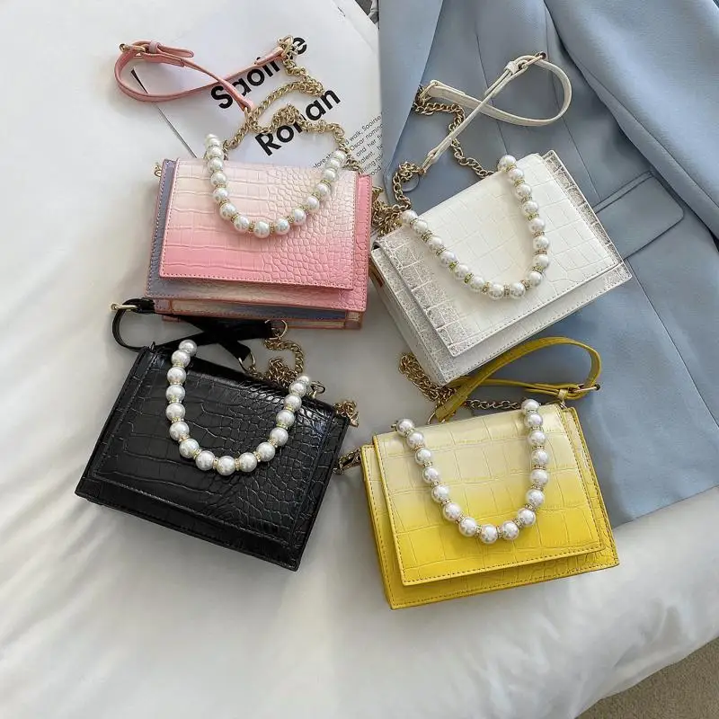 

Pearl Chain Crossbody Bags For Women 2021 Fashion Stone Pattern Mini Shoulder Bags PU Leather Branded Tote Handbags