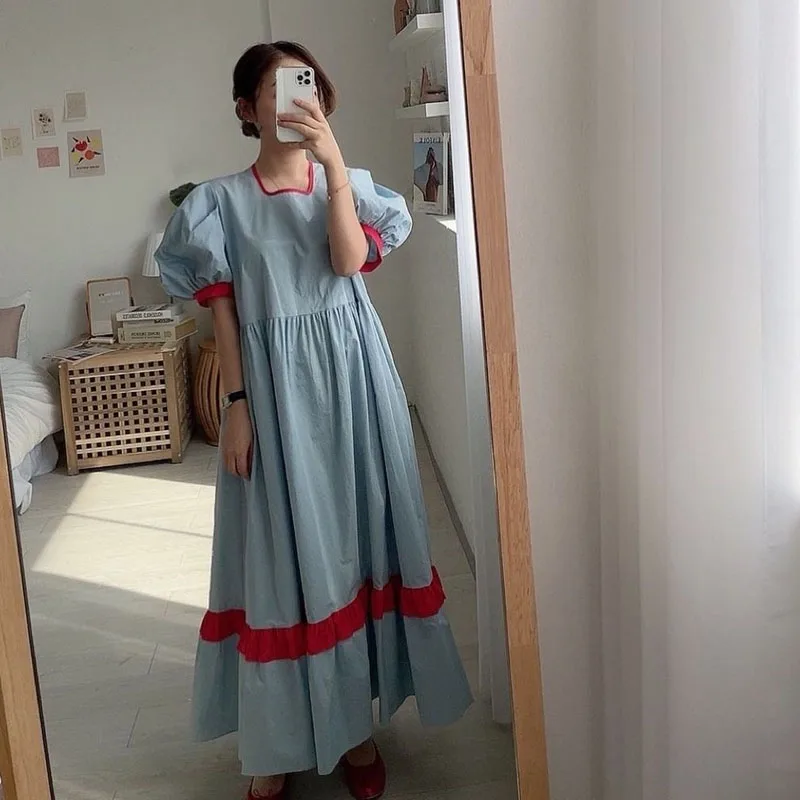 2021 NOVEDAD DE VERANO suelto de gran oscilación de Puff manga vestido de la muñeca vestido de una-pieza Chic Corea lindo Collar cuadrado contraste vestido