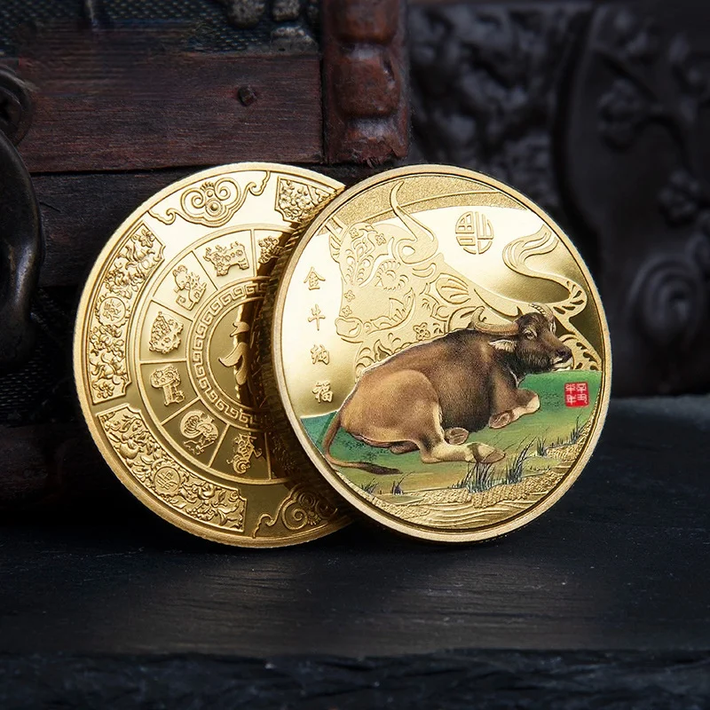 

Позолоченная медаль с изображением скота, декоративная коллекция, памятные монеты на новый год 2021, 12, Знак зодиака бык