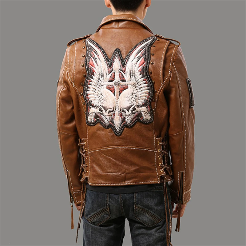 

Flight Air Force Jacket Rock Genuine Leather Jackets Men Music Theme 3D Embroidery Winter Thick Cowhiede Coat Free