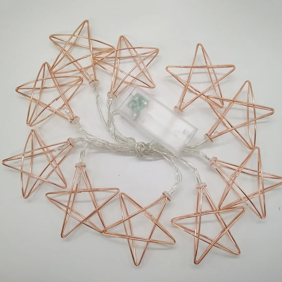 

Thrisdar 10/20LEDs Rose Gold Geometric Metal Star Shape Light Copper Wire Fairy String Lights For Chirstmas Wedding Bedroom