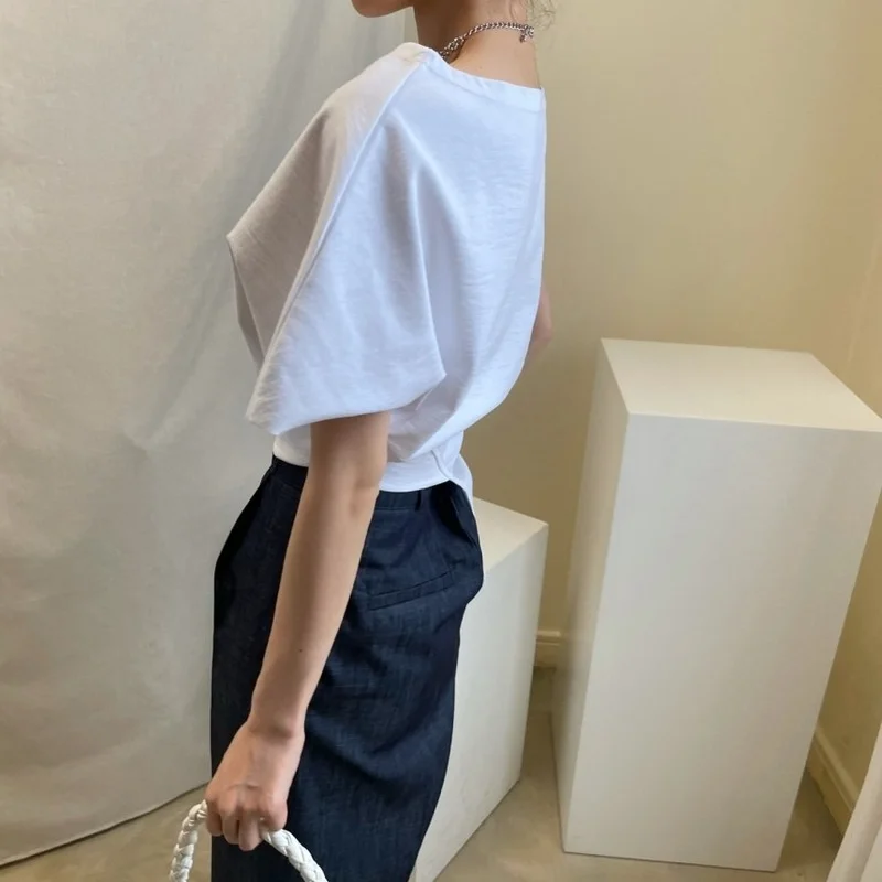 

2021 Summer Casual Korean T-shirt Women Irregular Designer Fashion Elegant T-shirt O-neck Solid Office Style Vacation Clothing