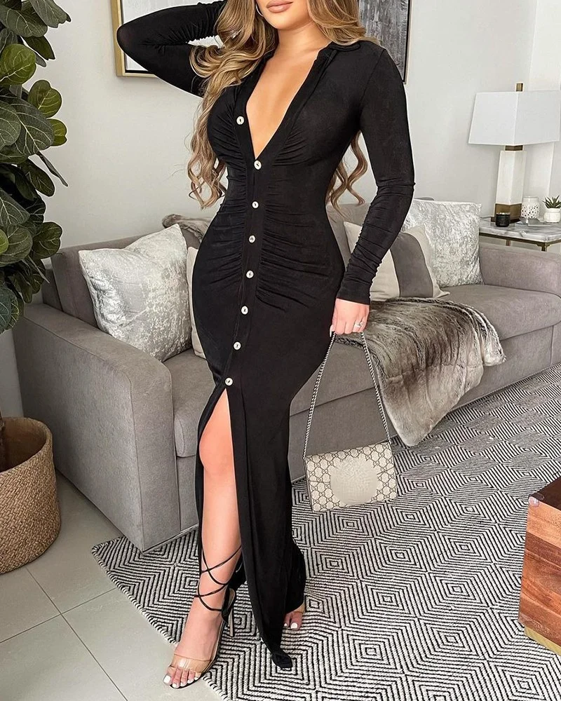 

Women's Long Sleeved Dress Fashion Long Sleeve Button Design Ruffle Split Long Dresses 2021 Autumn Casual Women Wear