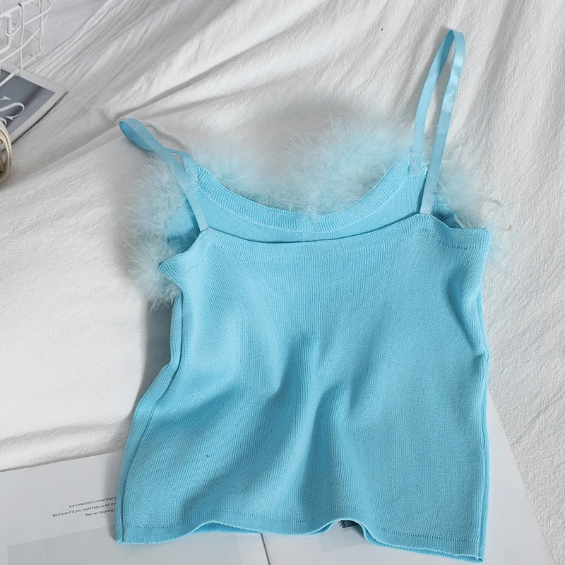 2021 весенний женский модный мягкий меховой воротник вязальные майки топы