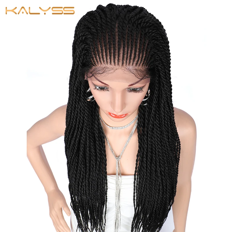 Kalyss 31 дюйм(ов) 13x5 ручной плетеные парики для чернокожих Для женщин синтетический Синтетические волосы на кружеве парик фронтальной натуральный черный косы заплетать парики для волос
