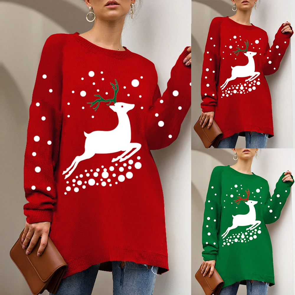HEFLASHOR 2019 Christmas Women Sweater Jumper Winter Elk Print O-Neck Long Sleeve knitted Pullover Medium long female clothing | Женская