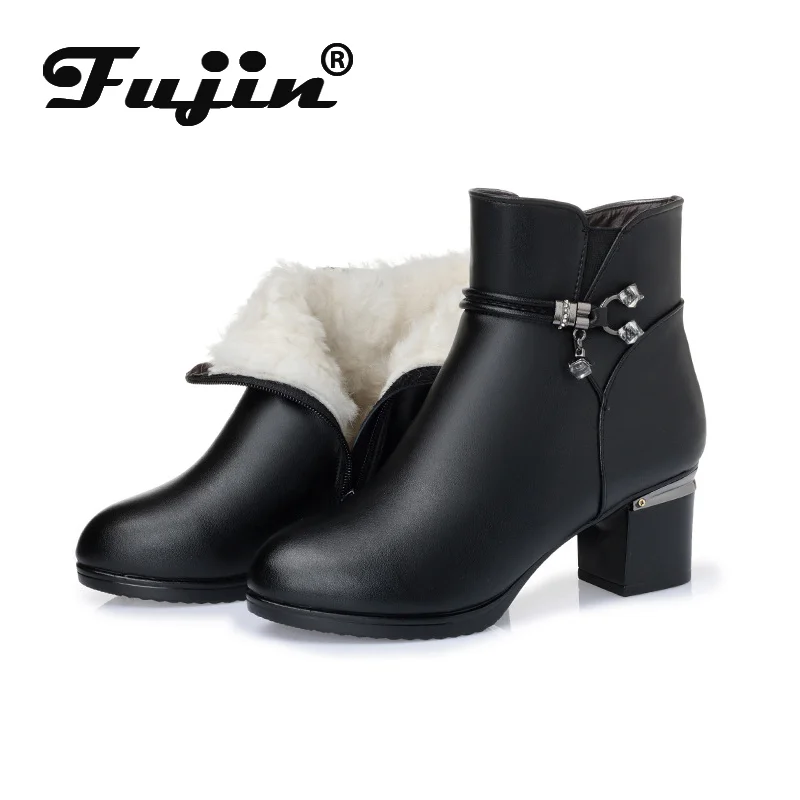 

Fujin Women Wool Snow Boots Fashion Genuine Leather Fur Warm Shoes Plush Ankle Boots Platform for Women Warm Winter Boots
