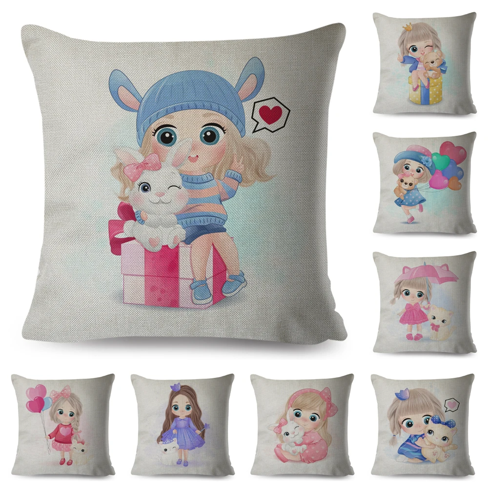 

Cute Cartoon Girl and Cat Cushion Cover for Children Room Sofa Home Car Decorative Lovely Child Pillow Case Pillowcase 45x45cm