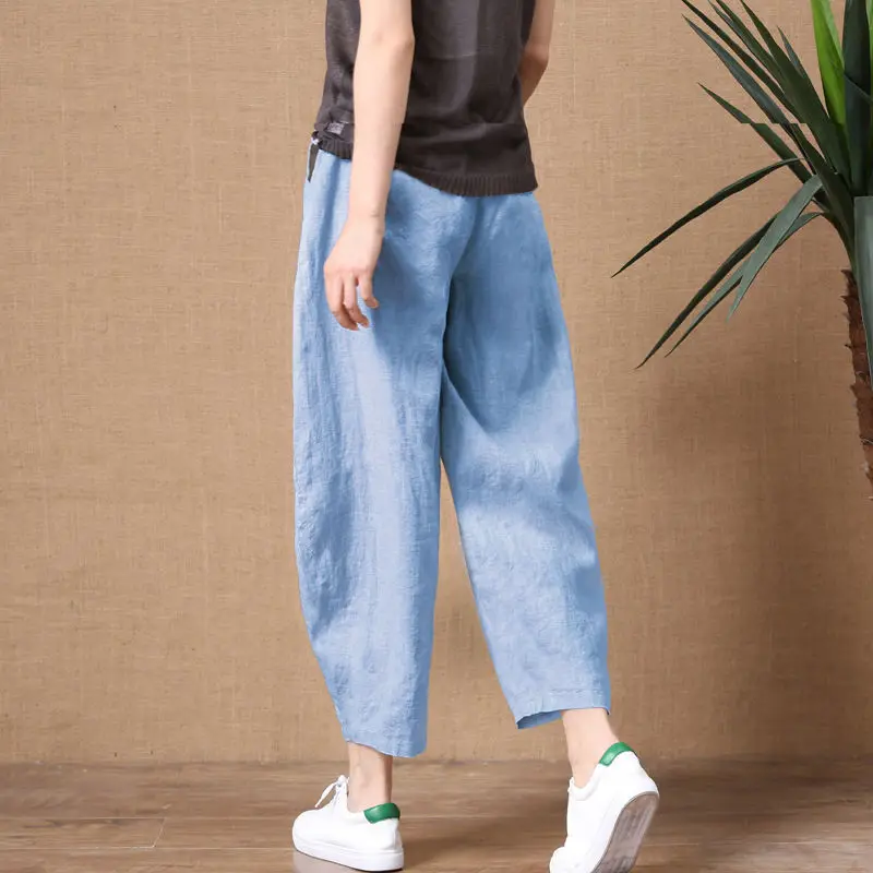 

Summer Nine Minutes Loose Thin Imitation Cotton Linen Elastic Waist Wide Leg Pants Retro Art Casual Pants Woman Pants