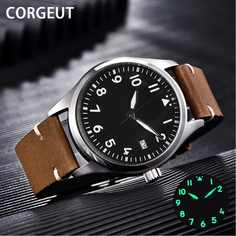 

CORGEUT Business Watch For Men Top Brand Luxury Waterproof Date Mechanical Clock Brown Leather Sports WristWatch Reloj de hombre