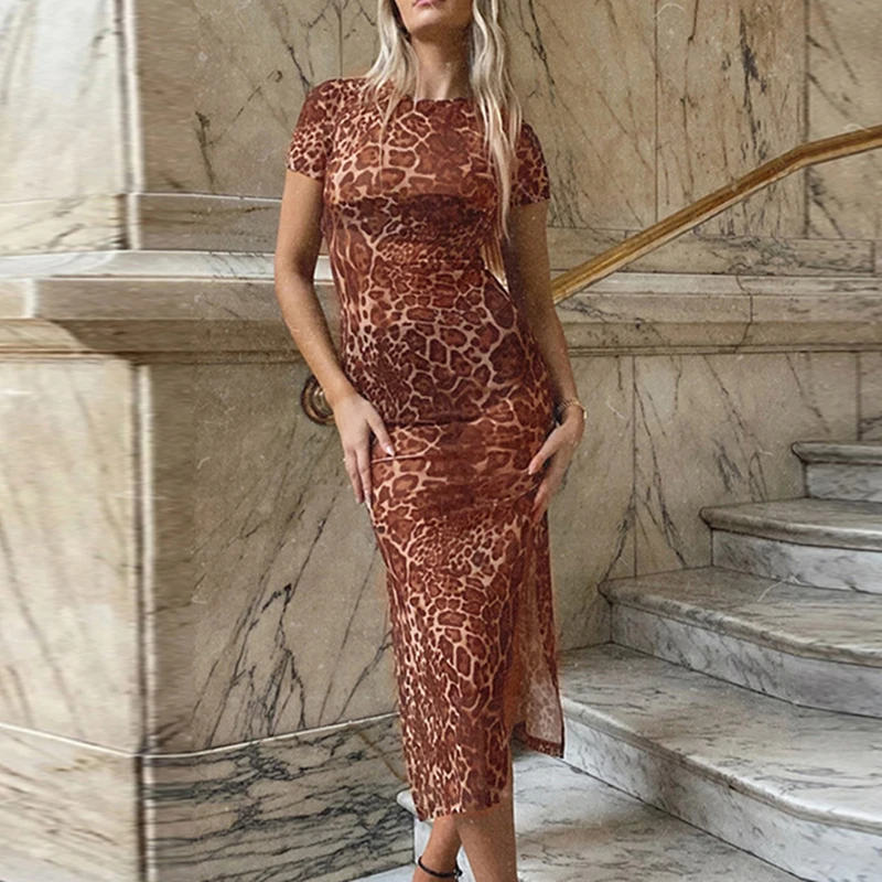 Женское Сетчатое платье Puloru с леопардовым принтом летнее сексуальное прозрачное