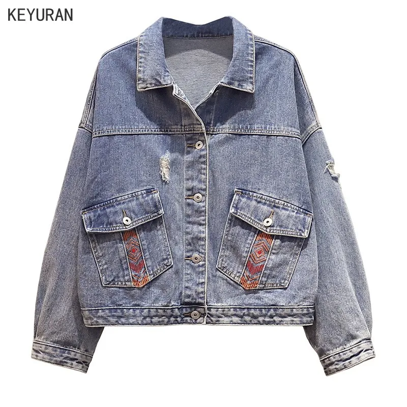 Женская джинсовая куртка с дырками свободная винтажная бомбер из денима в