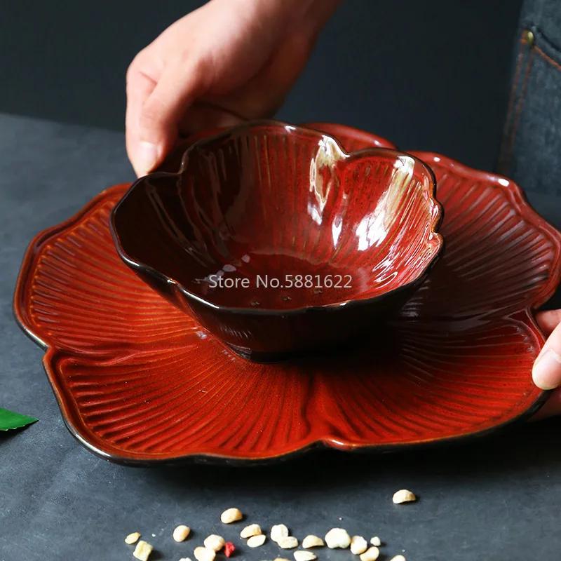 

Flower Shape Ceramic Tableware Red Irregular Relief Craft Fruit Plate Creative Fashion Home Decorative Dishes