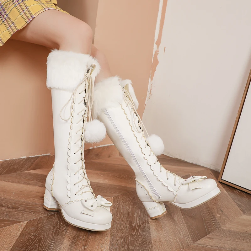 

Lolita High Boots Winter Warm Fur Neck Girls Cosplay Party JK Princess Shoes Lace Up Bowtie Chunky Heel Side Zipper PU Leather